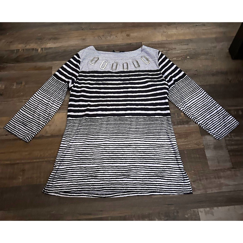 Lavanya Petite Black White Striped Knit Boat Neck Tunic 3/4 Sleeve PM